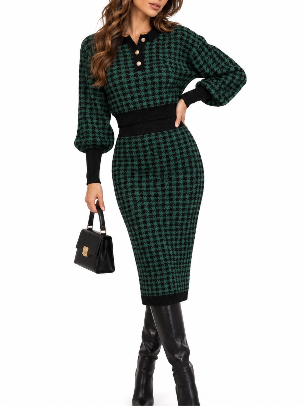 By Egreis Green Black Houndstooth Knit Two Piece Set Gold Button Midi Skirt